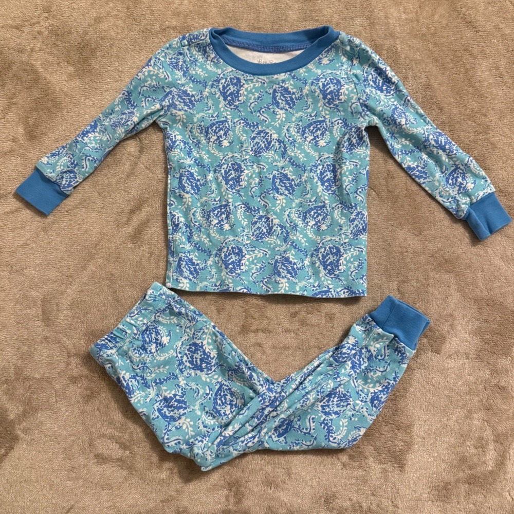 Lilly Pulitzer Pottery Barn Kids Blue Sea Turtle Organic Cotton Pajama Set 2T